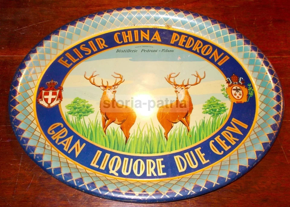 Distilleria Pedroni: Vassoio Pubblicitario Elisir China Due Cervi Con Araldica