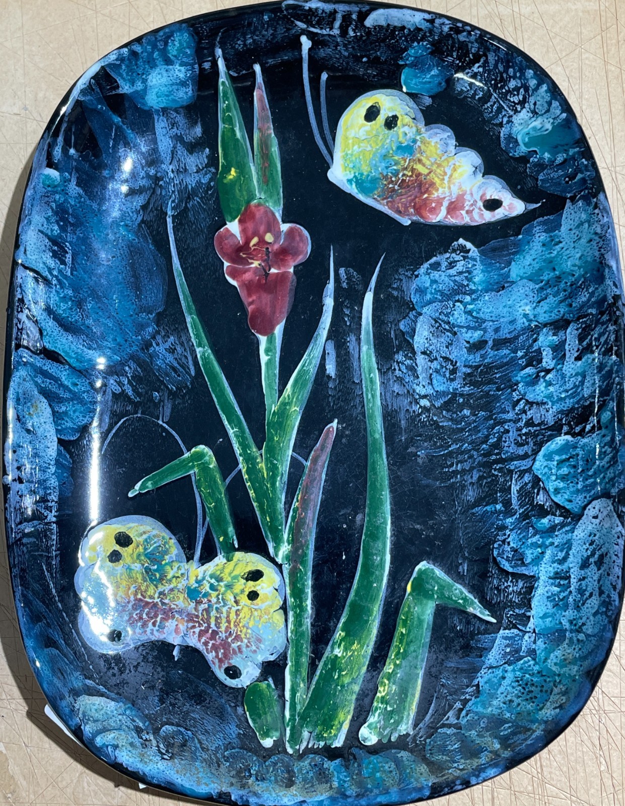 Ceramica Decorativa Floreale: Fiori E Farfalle. Vassoio Pubblicitario The Lipton
