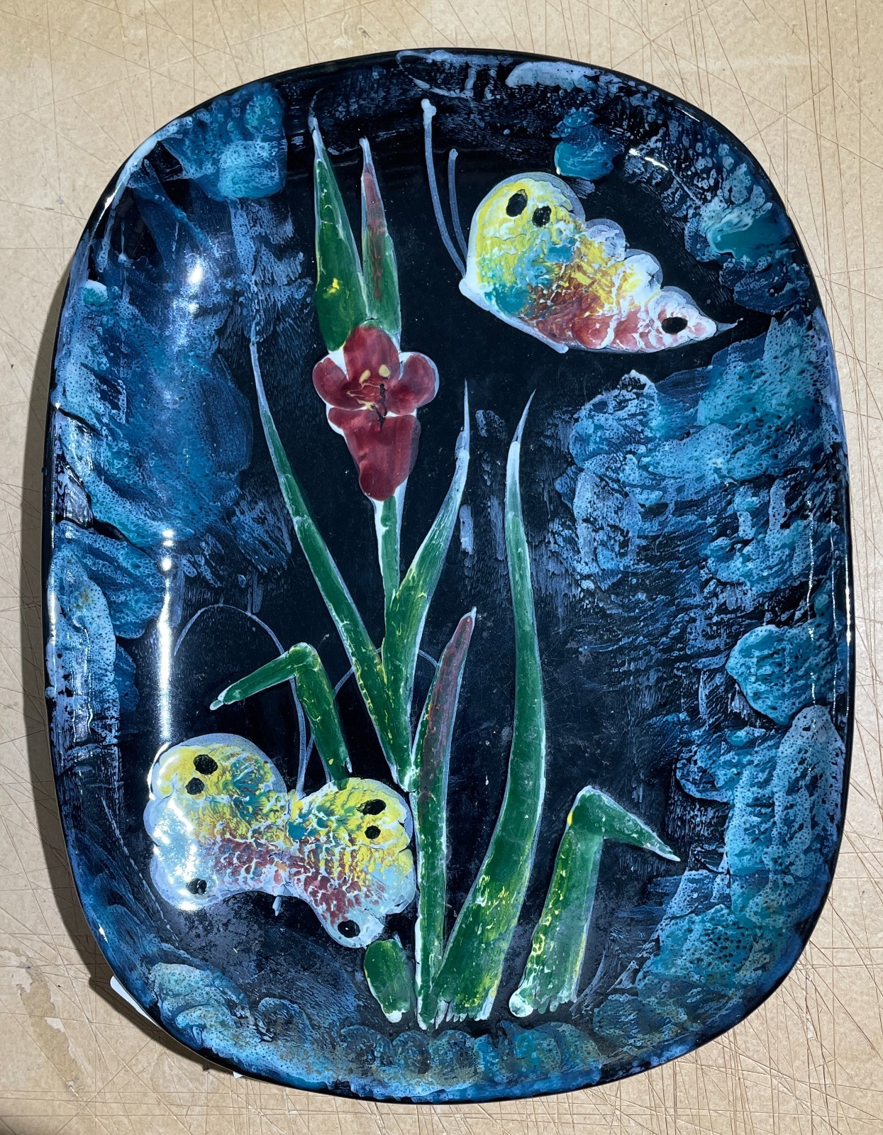 Ceramica Decorativa Floreale: Fiori E Farfalle. Vassoio Pubblicitario The Lipton