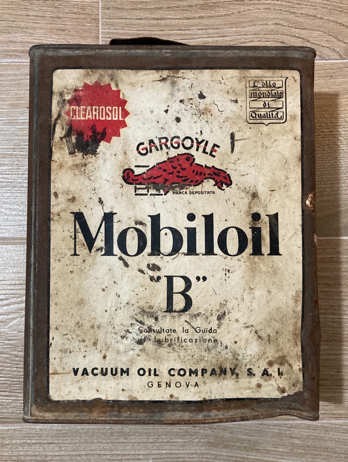 Motori, Lubrificanti: Mobiloil "B", Genova, Vacuum Oil Company. Latta Pubblicitaria.