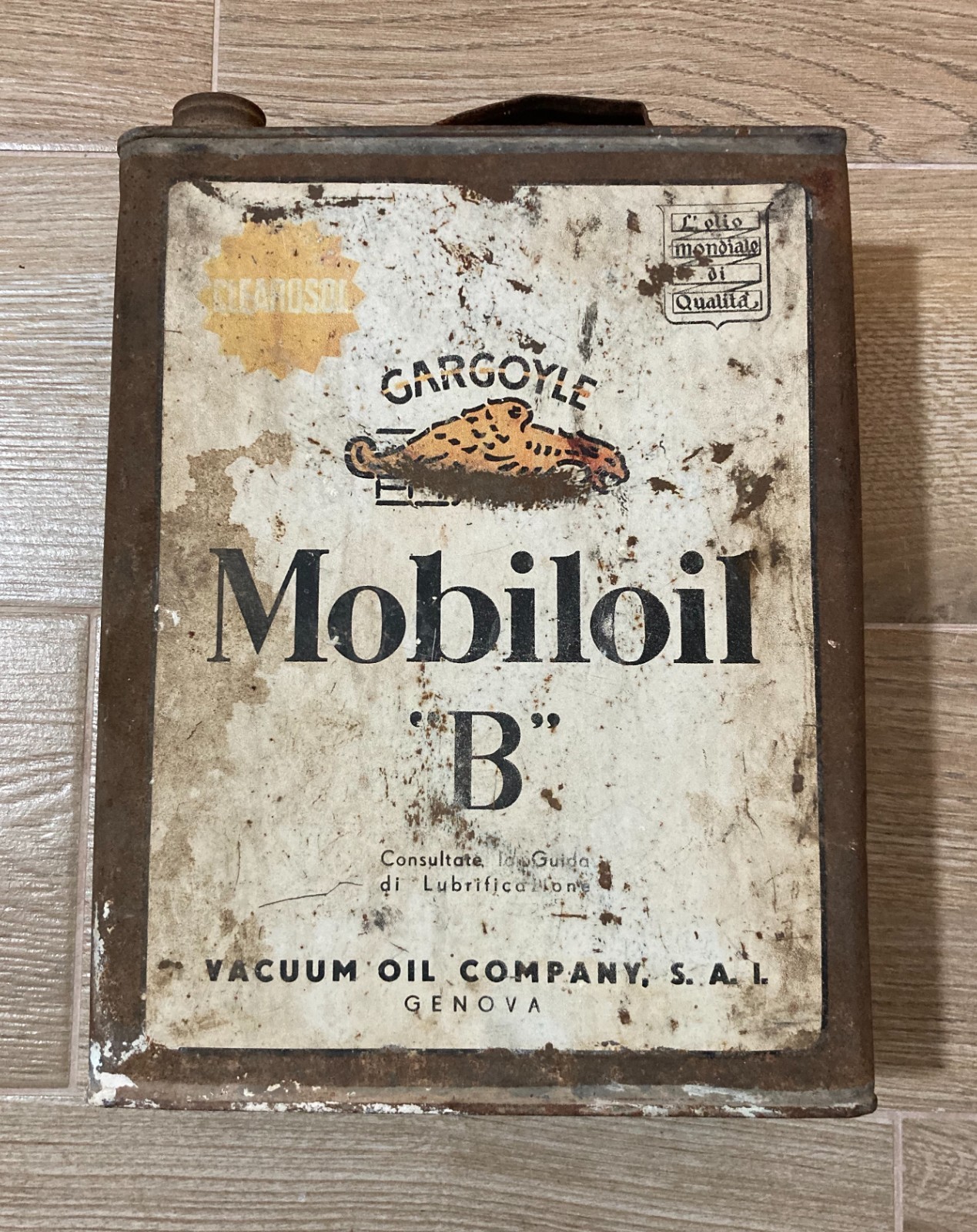 Motori, Lubrificanti: Mobiloil "B", Genova, Vacuum Oil Company. Latta Pubblicitaria.