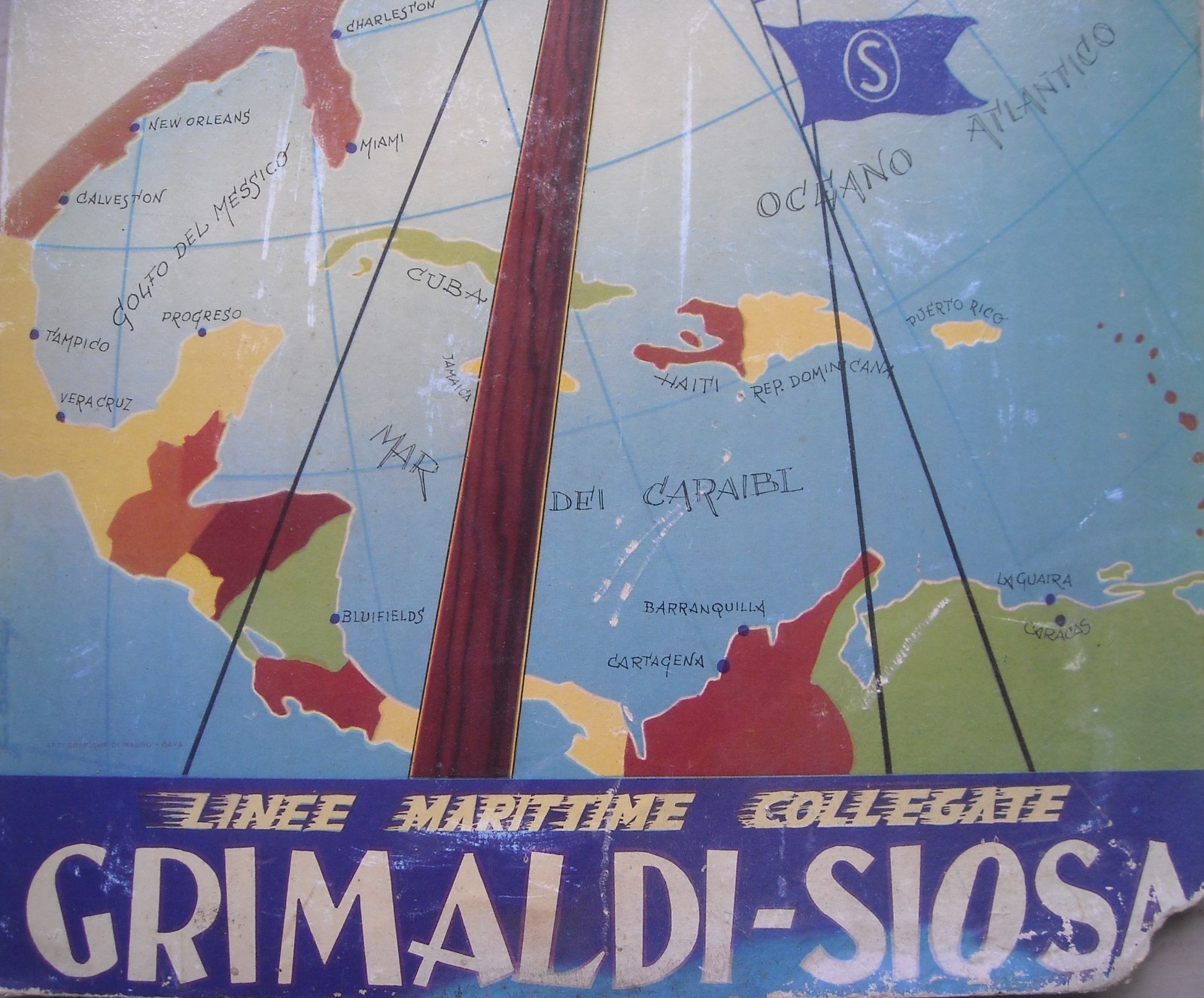 Linee Marittime Grimaldi   Siosa. Cartello Pubblicitario Per Navigazione Ed Emigrazione