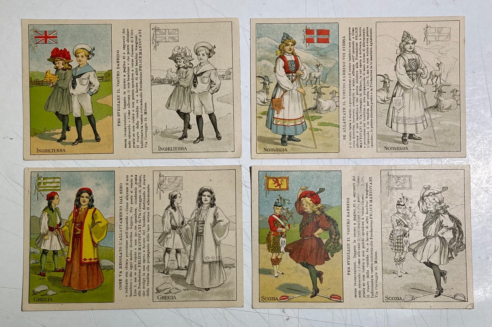 Pediatria: Svezzamento Neonati. 4 Cartoline Pubblicitarie Mantovani. Grecia, Scozia