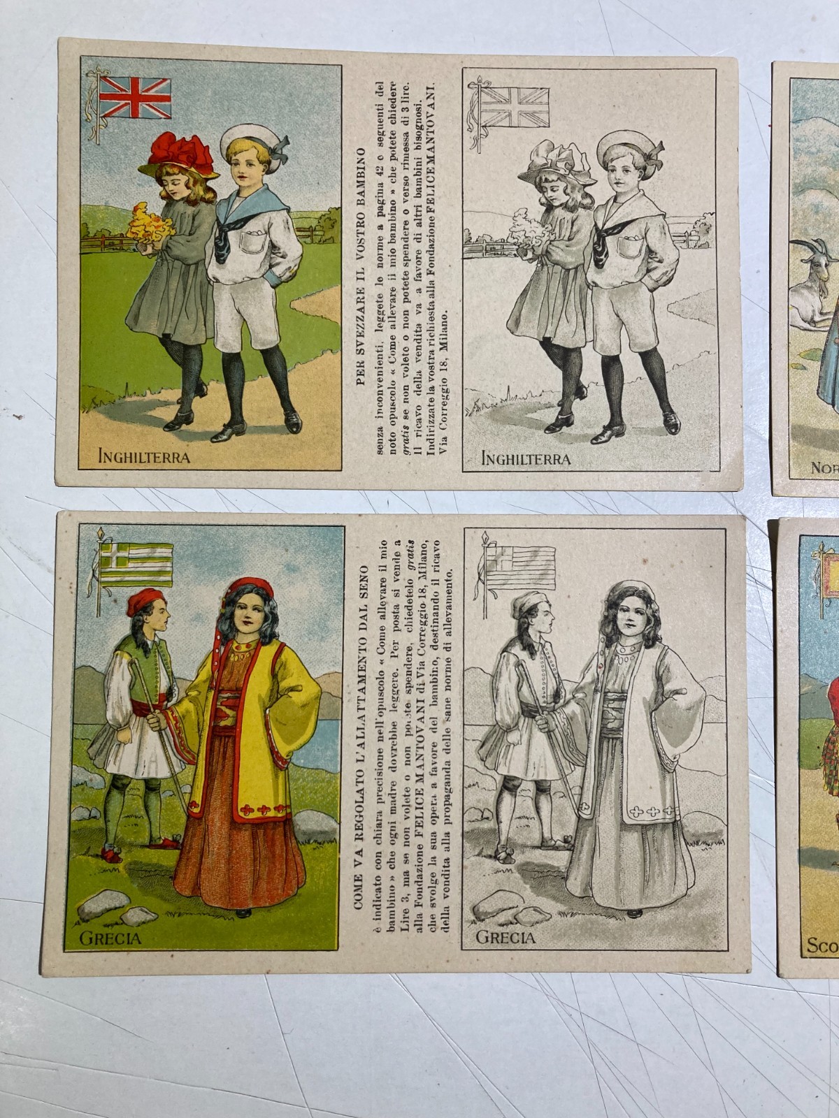 Pediatria: Svezzamento Neonati. 4 Cartoline Pubblicitarie Mantovani. Grecia, Scozia