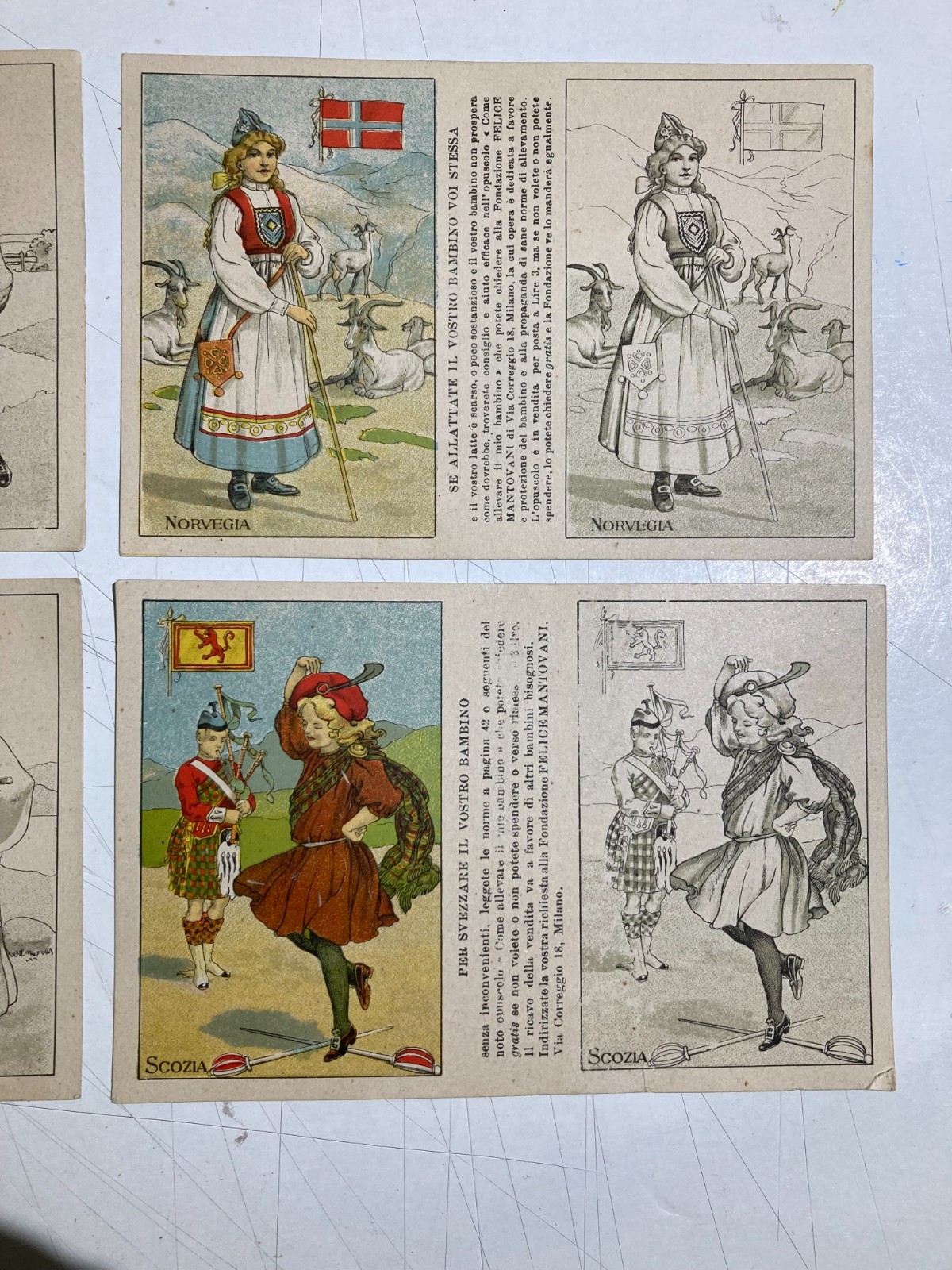 Pediatria: Svezzamento Neonati. 4 Cartoline Pubblicitarie Mantovani. Grecia, Scozia