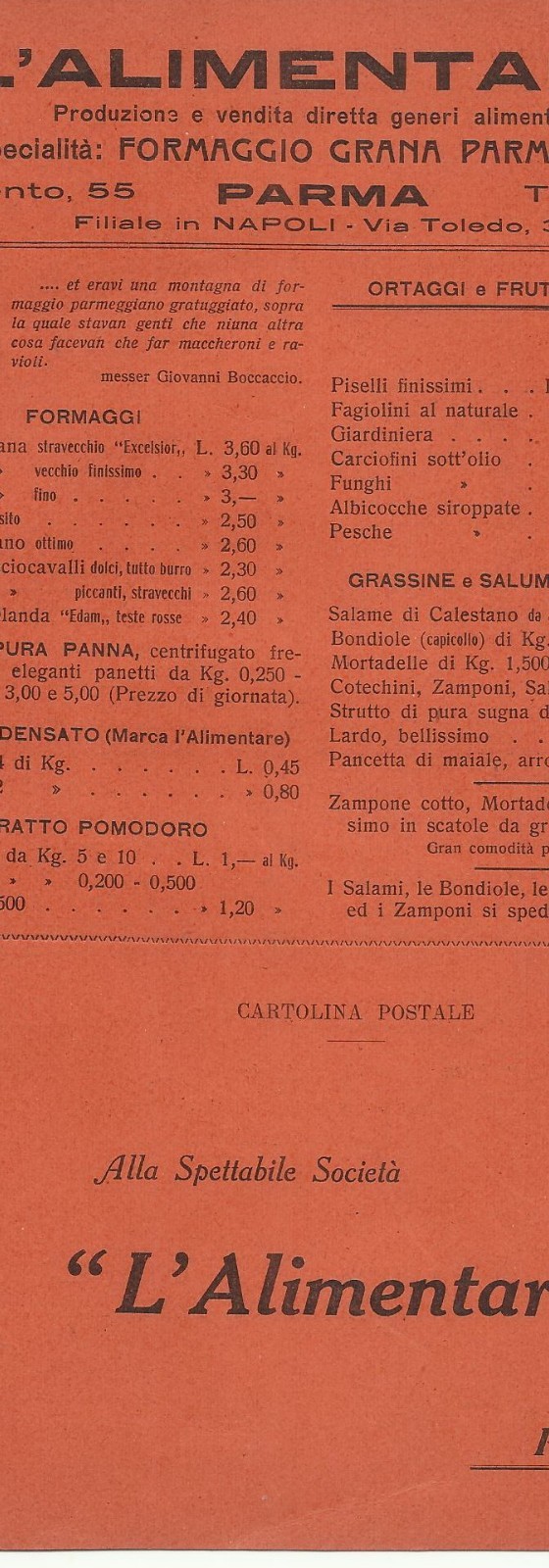 Listino Pubblicitario d'Epoca L'Alimentare Parma: Salumi, Formaggi E Gastronomia
