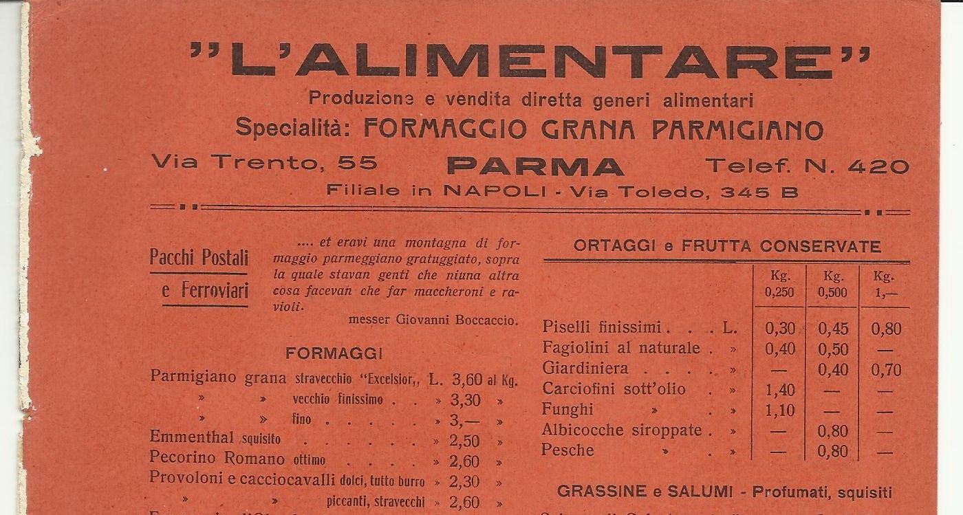 Listino Pubblicitario d'Epoca L'Alimentare Parma: Salumi, Formaggi E Gastronomia