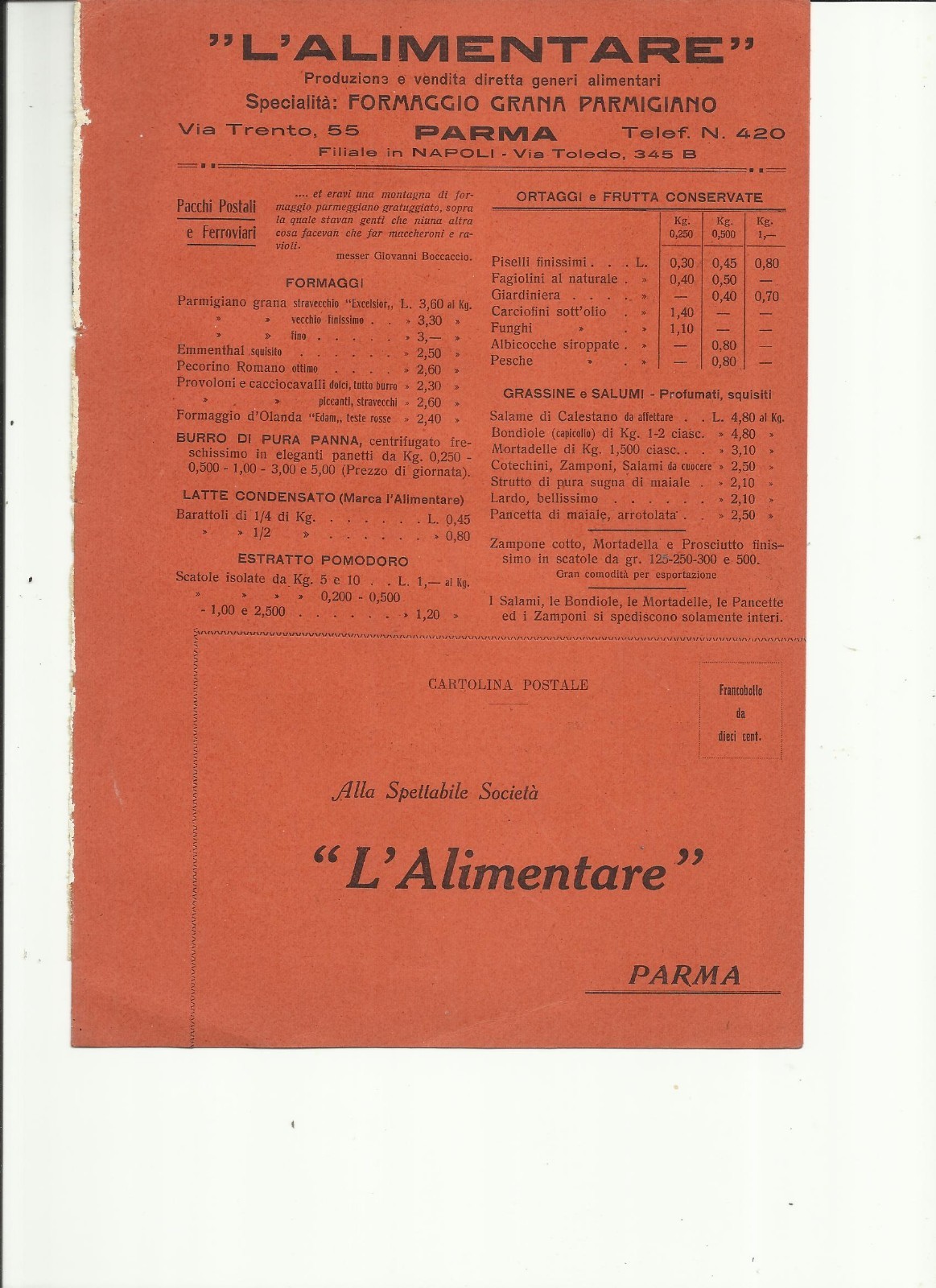 Listino Pubblicitario d'Epoca L'Alimentare Parma: Salumi, Formaggi E Gastronomia