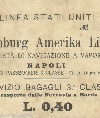 Emigrazione Italia Amburgo America: Navigazione A Vapore, Napoli   Raro Biglietto