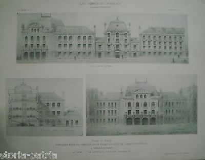 Architettura: Progetto Di Una Caserma Dei Vigili Del Fuoco A Ménilmontant. Tre Stampe Antiche.
