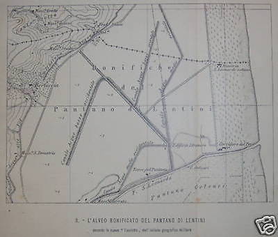 Sicilia, Lentini, Pantano: Bonifiche Idrauliche. Mappa Topografica Decorativa d'Epoca