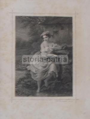 Arte: W. Baumann, André. Antica Incisione Di Giovane Donna Presso Un Ruscello, 1859