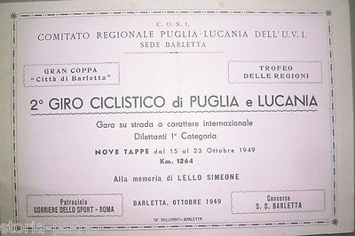 Puglia, Barletta: 2° Giro Ciclistico Di Puglia E Lucania, Tappe E Regolamento   Memoria Lello Simeone, 1949