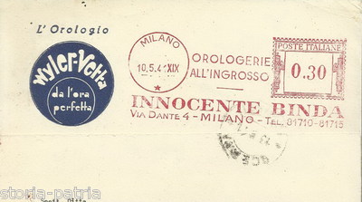 Filatelia Pubblicitaria Postale: Orologeria Orologi Wyler Vetta, Milano, Binda, 1941