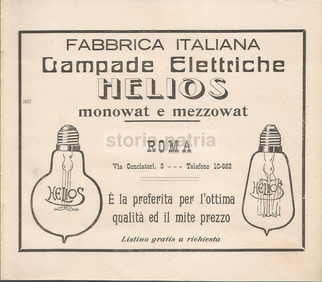 Elettricità: Lampade Elettriche Helios, Roma, Tipografia Marsano, Genova, Pubblicità