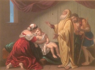 Antica Scena Biblica: Interno Con Figure E Un Bambino, Litografia A Colori, XIX Secolo