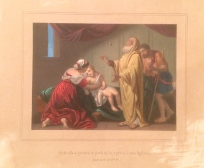 Antica Scena Biblica: Interno Con Figure E Un Bambino, Litografia A Colori, XIX Secolo