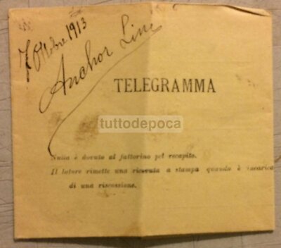 Emigrazione Napoli New York, Anchor Line, Piroscafo Calabria: Antico Telegramma (1913)