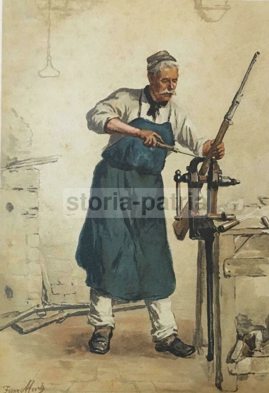 Arte Artigianato: L'Armaiolo (Armurier). Militaria E Caccia, Antica Stampa