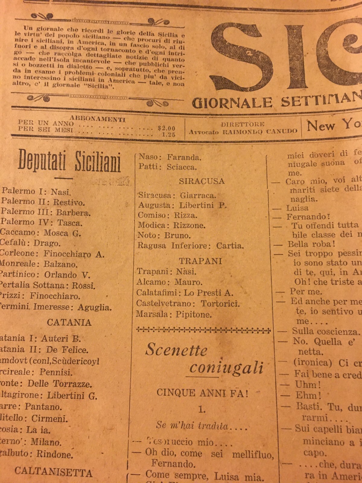 Sicilia: Emigrazione Siciliana In America, Palermo, Messina E Cronaca Di Villarosa, 1913