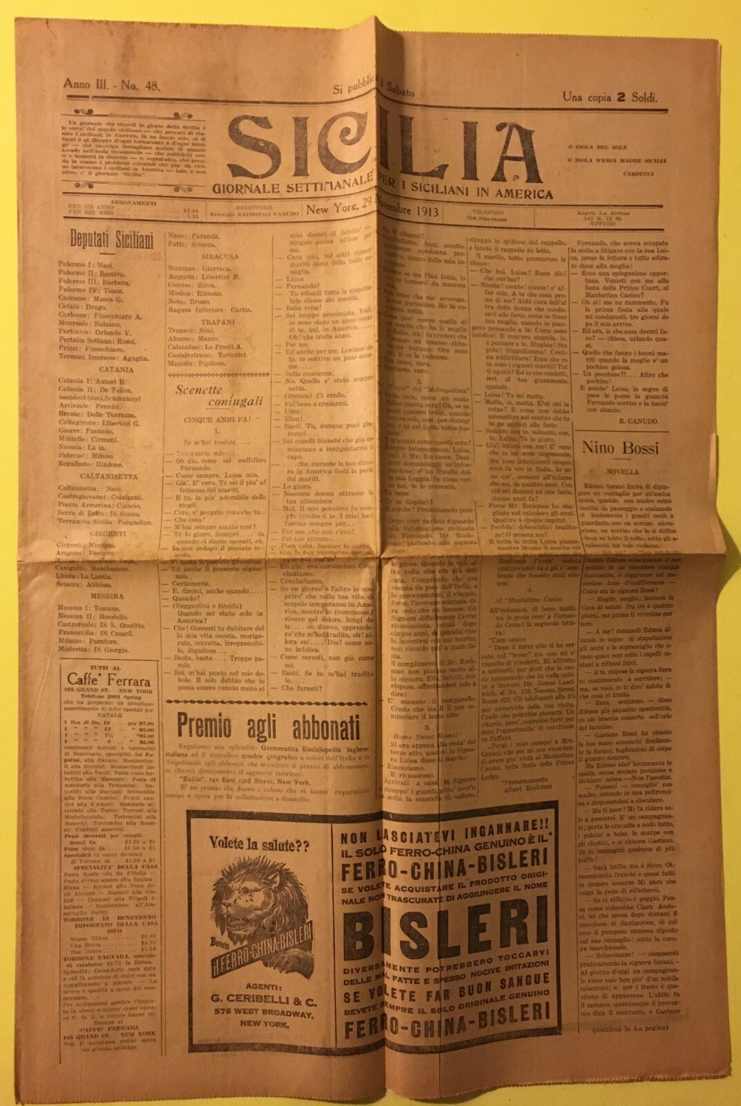 Sicilia: Emigrazione Siciliana In America, Palermo, Messina E Cronaca Di Villarosa, 1913