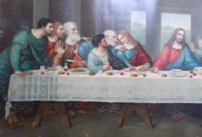 Antica Stampa Popolare Devozionale: Gesù E Gli Apostoli. Stampa A Colori Inusuale