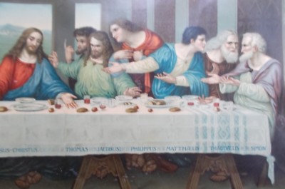 Antica Stampa Popolare Devozionale: Gesù E Gli Apostoli. Stampa A Colori Inusuale