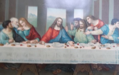 Antica Stampa Popolare Devozionale: Gesù E Gli Apostoli. Stampa A Colori Inusuale