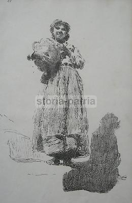 Popolana Napoletana: Ritratto Di Giovane Donna Con Otre. Stampa Antica Fine '800