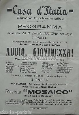 Musica, Teatro, Filodrammatica: Casa d'Italia, Camasio, Oxilia, Mascagni, Rocha, Torino