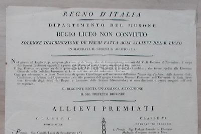 Macerata, Raro Antico Foglio Volante: Lensi, Musone, Scuole E Allievi Premiati Al Liceo