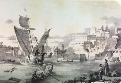 Malta, Forte Sant'Elmo, Antica Veduta Animata A Colori, Stampa Litografica Dell'Ottocento