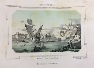 Malta, Forte Sant'Elmo, Antica Veduta Animata A Colori, Stampa Litografica Dell'Ottocento