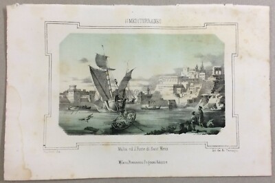 Malta, Forte Sant'Elmo, Antica Veduta Animata A Colori, Stampa Litografica Dell'Ottocento