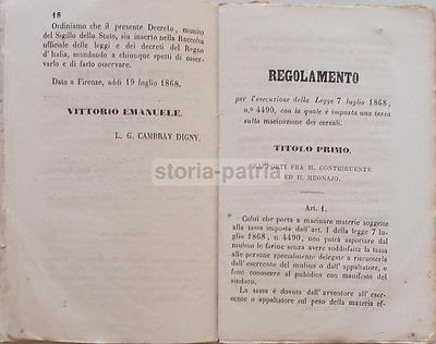 Giuridica: Legislazione Agraria, Cereali, Farine, Mulini, Macinazione, 1868, Firenze
