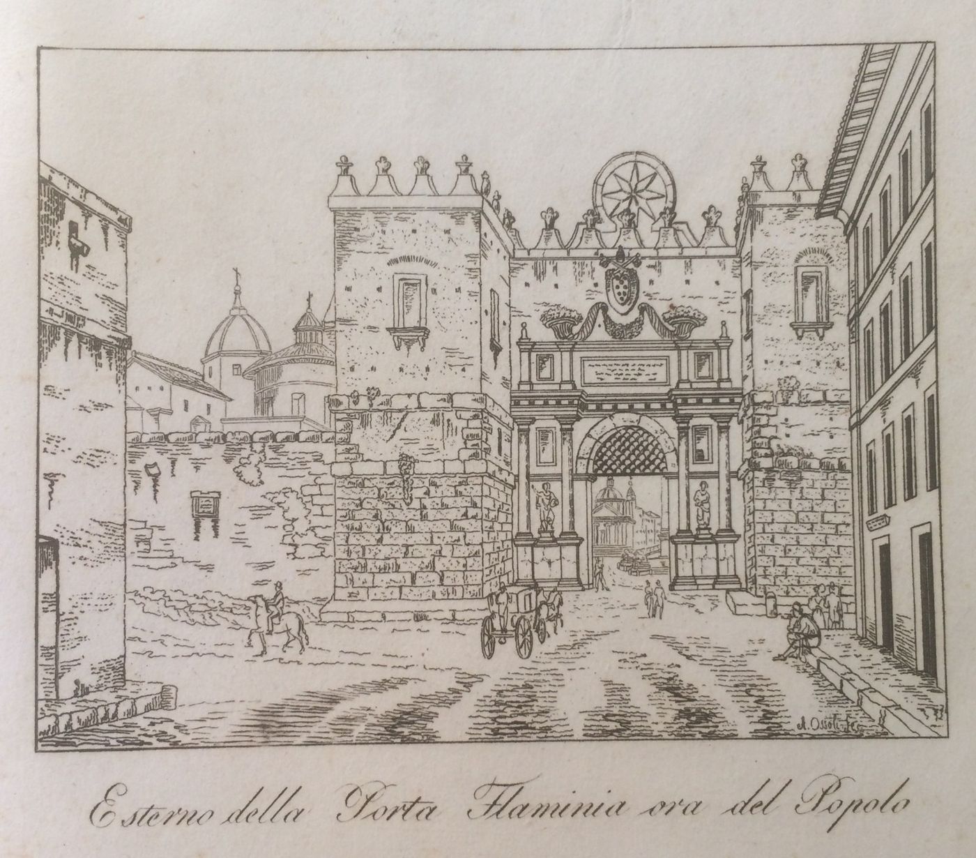 Roma, Esterno Della Porta Flaminia (ora Del Popolo). Incisione All'Acquaforte Di A. Ossoli