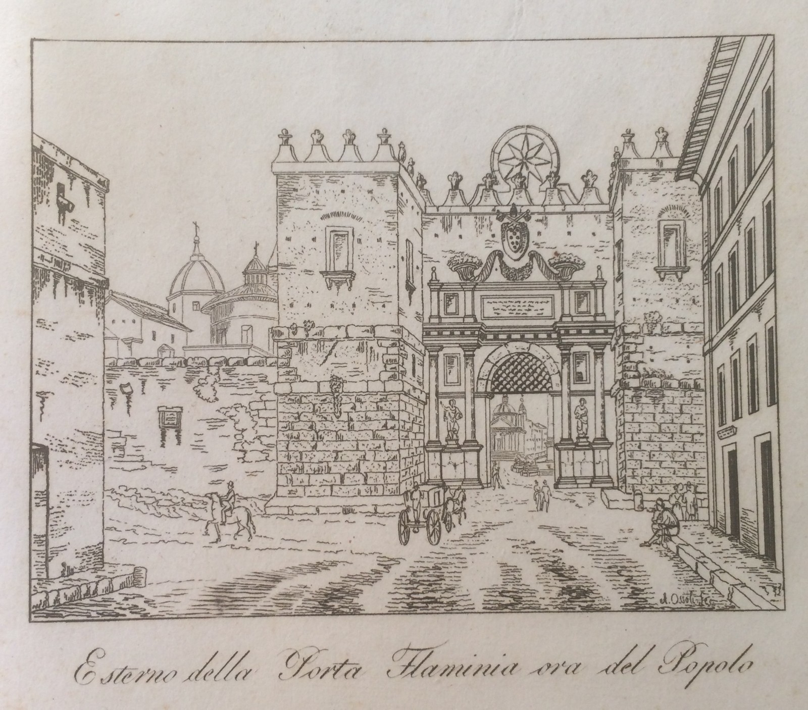 Roma, Esterno Della Porta Flaminia (ora Del Popolo). Incisione All'Acquaforte Di A. Ossoli