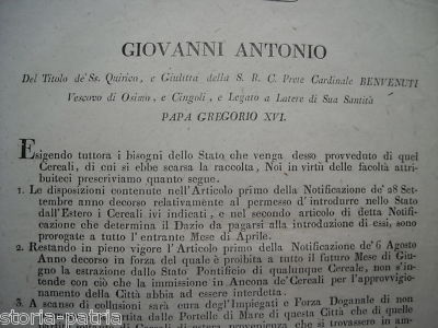 Marche, Ancona, Gregorio XVI, Benvenuti: Dazio Cereali, 1831