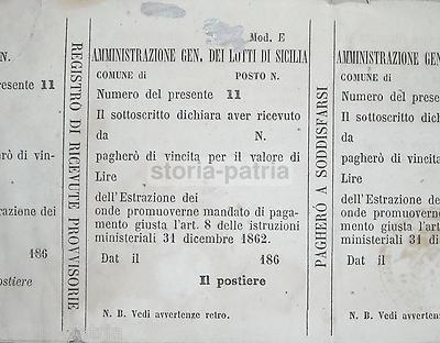 Sicilia, Palermo, Lotteria Lotti Siciliani, Estrazioni Vincite. Raro Tagliando Dell'Ottocento