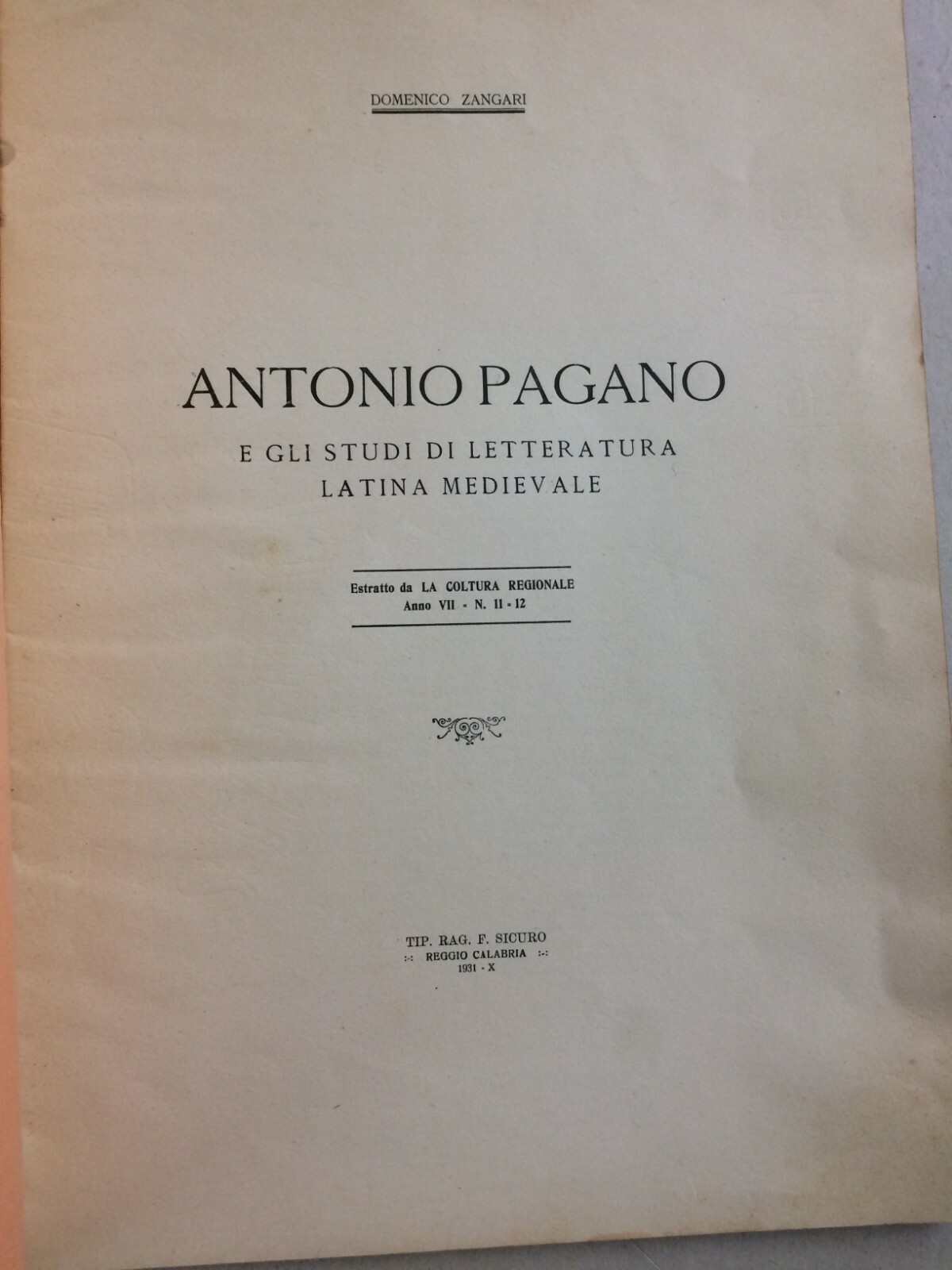 Zangari Pagano: Calabria, Regno Di Napoli. Carta Filigranata Araldica Savoia, 1931