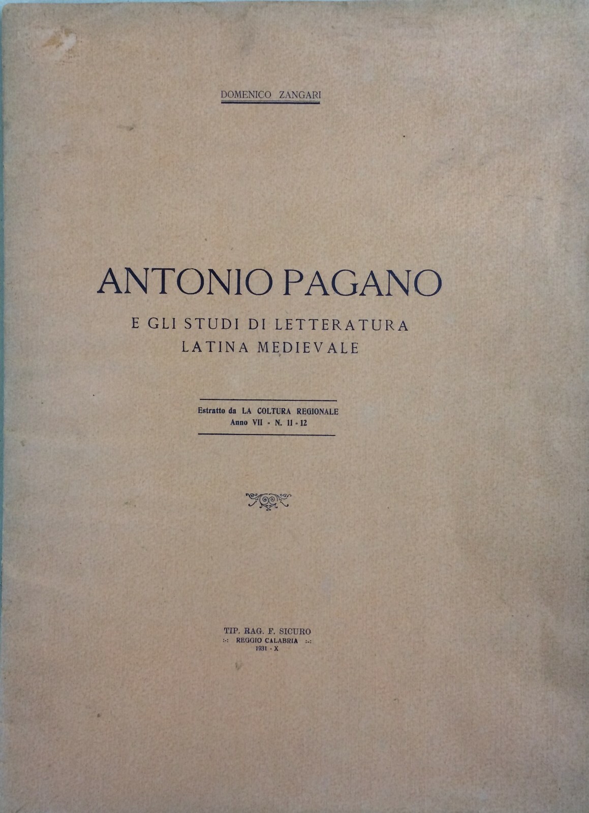 Zangari Pagano: Calabria, Regno Di Napoli. Carta Filigranata Araldica Savoia, 1931
