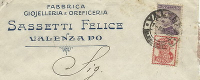 Filatelia Antica, Affrancatura Postale Singer, Oreficeria Sassetti, Valenza Po, 1925