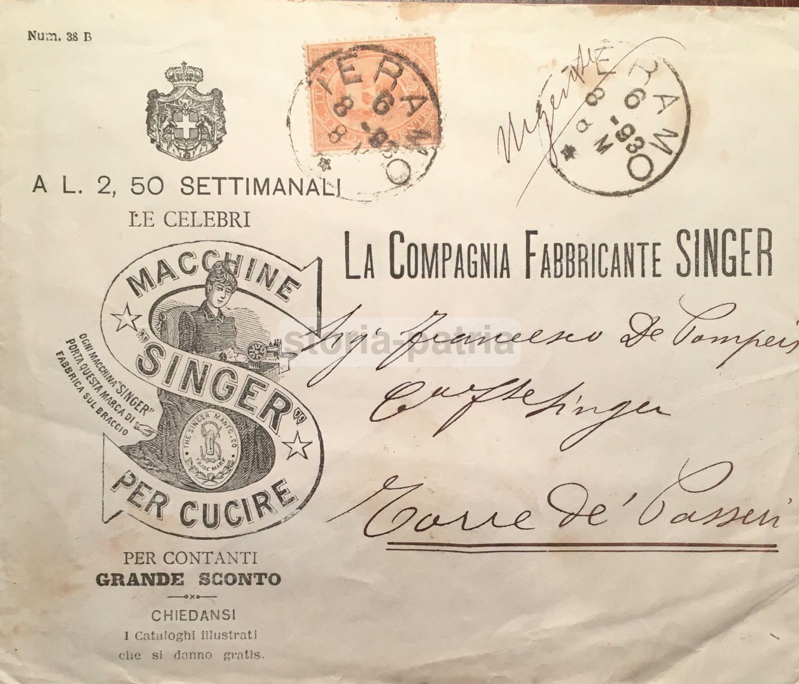 Macchine Per Cucire Singer, Busta Pubblicitaria d'Epoca, Teramo (Abruzzo)