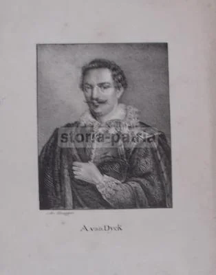 Antica Incisione di Anthony Van Dyck. Ritratto d'Artista, Litografia di Honegger.
