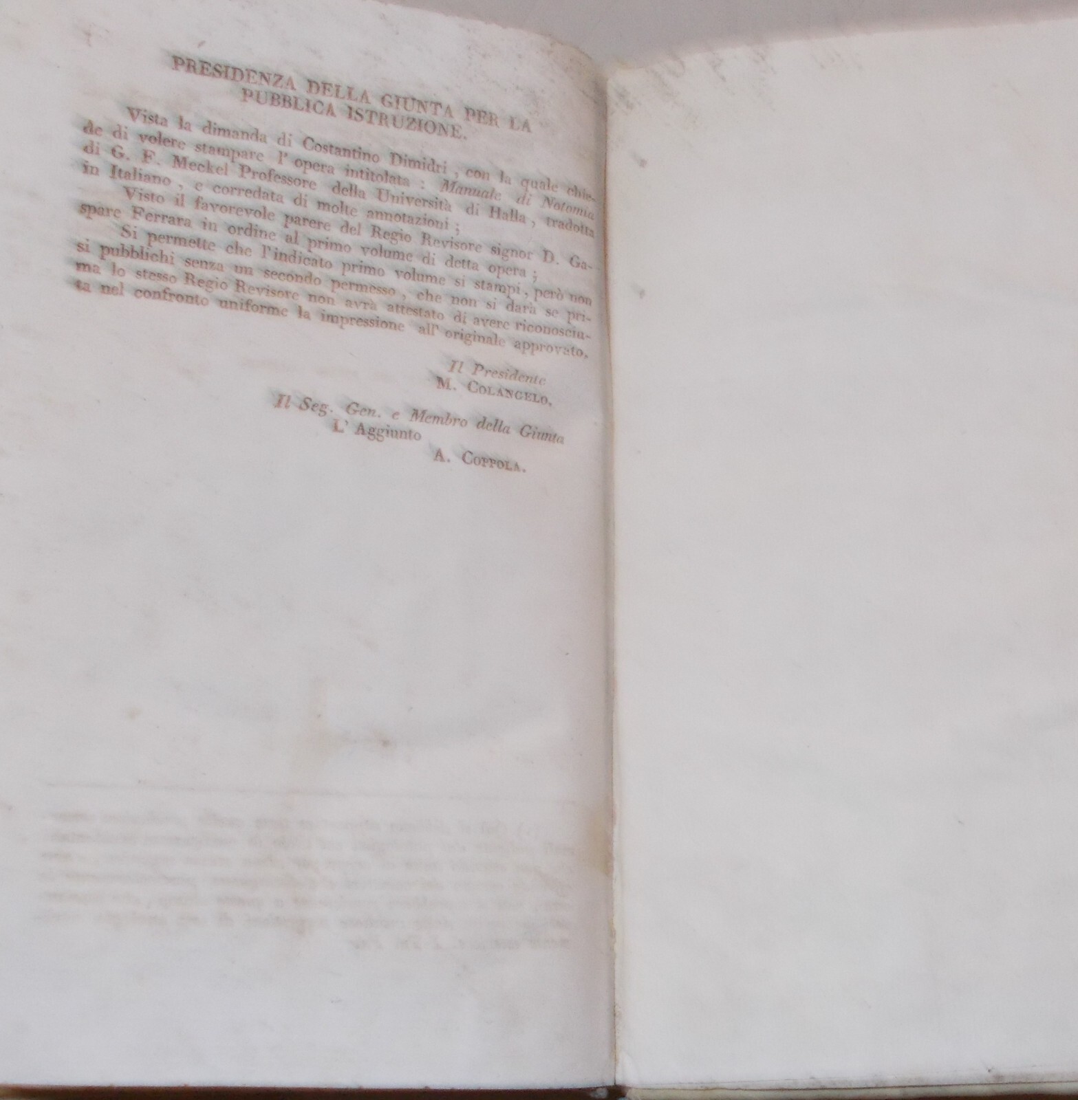 Manuale Di Anatomia Generale, Descrittiva E Patologica Di G.F. Meckel, Napoli, 1826