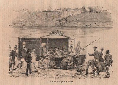 Roma Animata, Veduta Folklorica Del Lungotevere E La Barca Di Ripetta. Stampa Decorativa