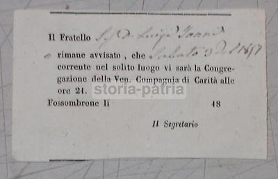 Marche, Fossombrone: Antica Congregazione Della Compagnia Di Carità   Convocazione Dell'Ottocento