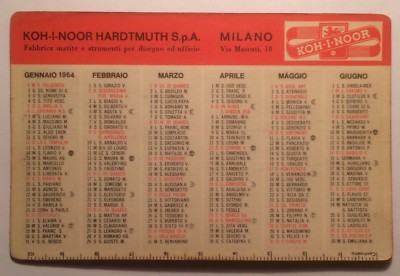 Scrittura, Cancelleria, Matite Koh I Noor Hardtmuth, Milano: Calendarietto 1964