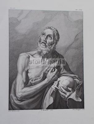 Antica Stampa Devozionale: San Girolamo (Ribera). Artisti Raggio E Metalli   Basadonna
