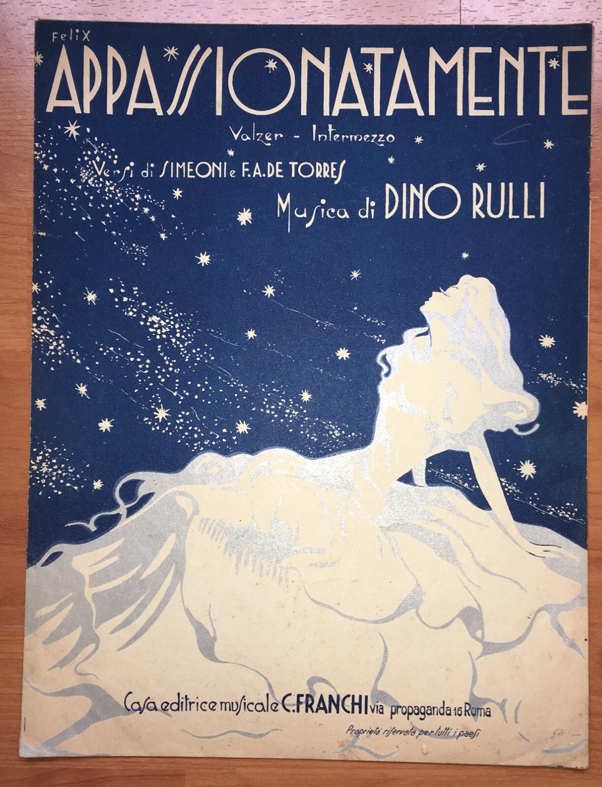 Spartito d'Epoca: Valzer Appassionatamente. Dino Rulli, Felix, 1945